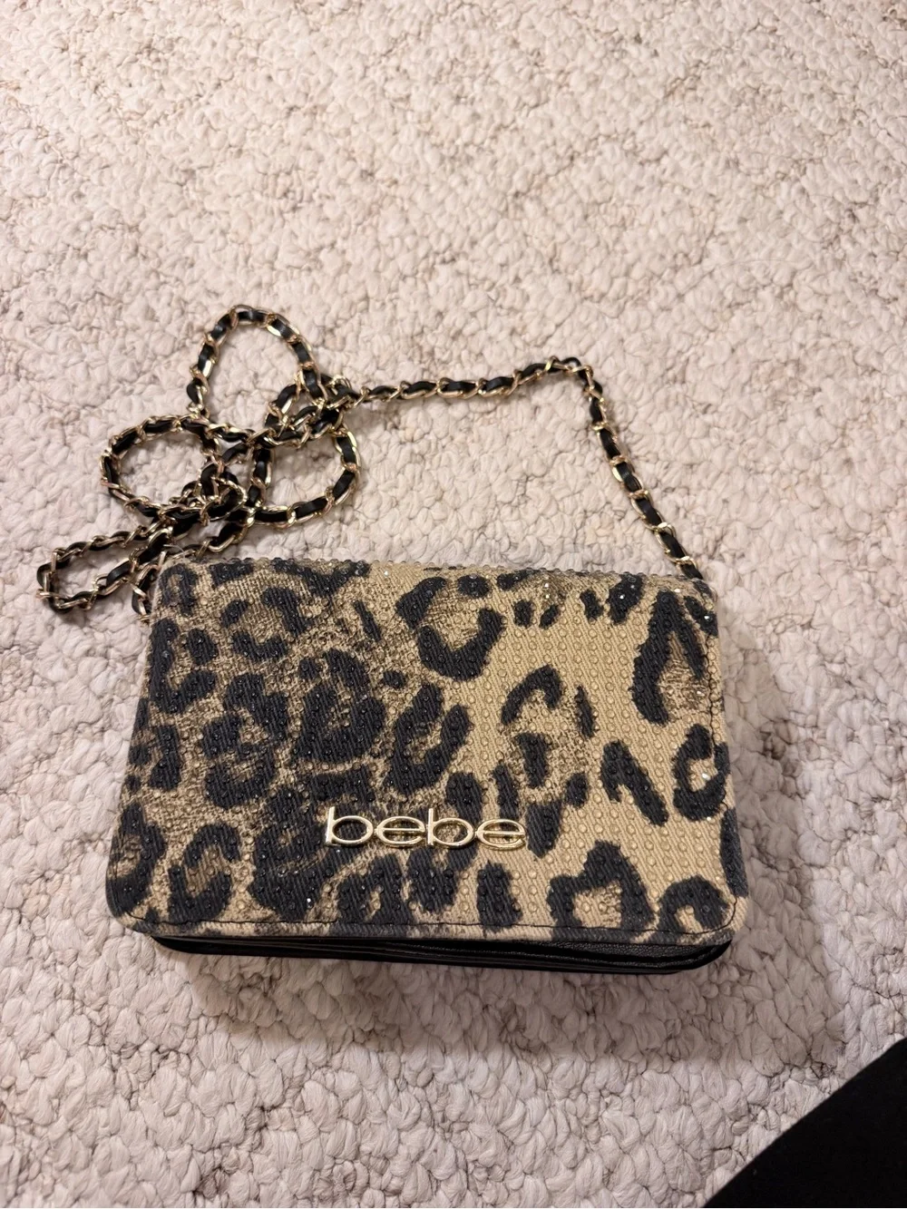 bebe Leopard-Print Crossbody in Gold and Black
